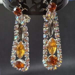 Stunning Silver and Orange, Yellow, Green Aurora Borealis Crystal Drop Earrings